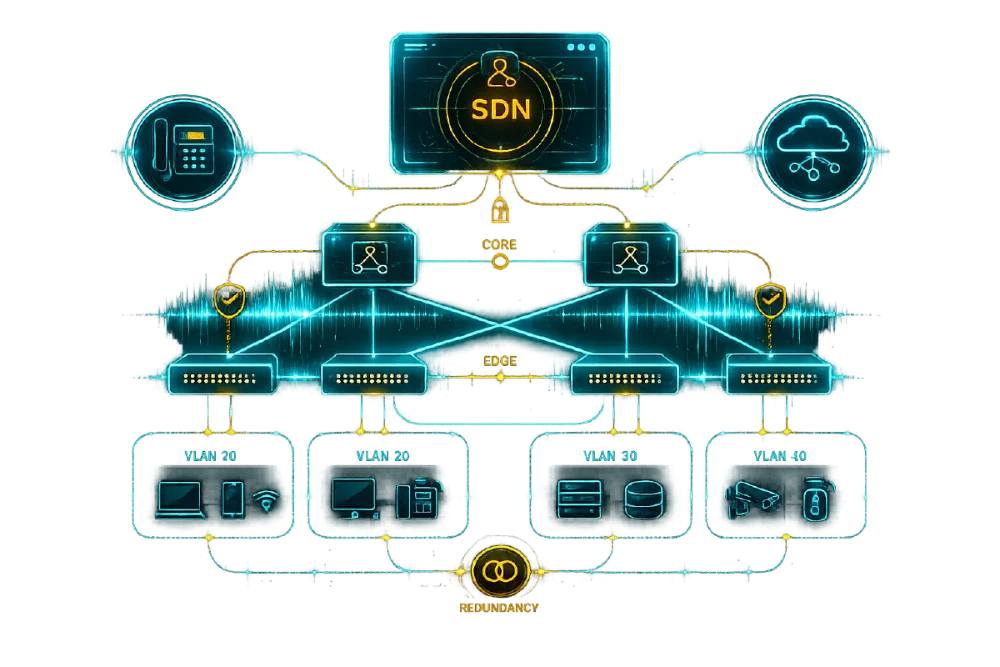 Enterprise networking & SDN — zero-trust VLAN fabric topology